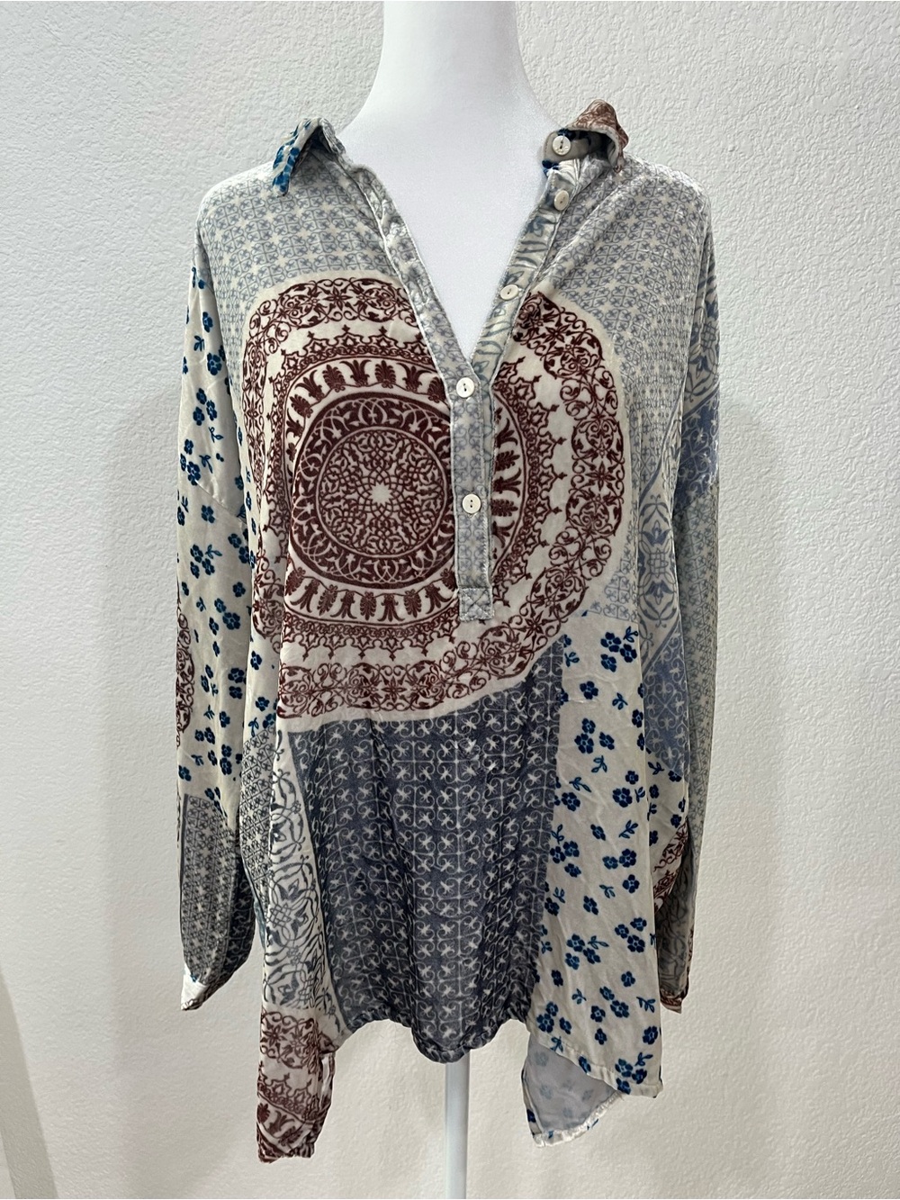Johnny Was Silk Blend Velvet Patchwork Tunic Blouse - Small